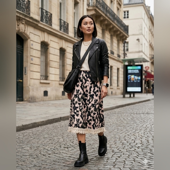 H&M Dresses & Skirts - H&M A-Line Skirt Camouflage Print Midi Skirt With A Fringe Trim Size 8